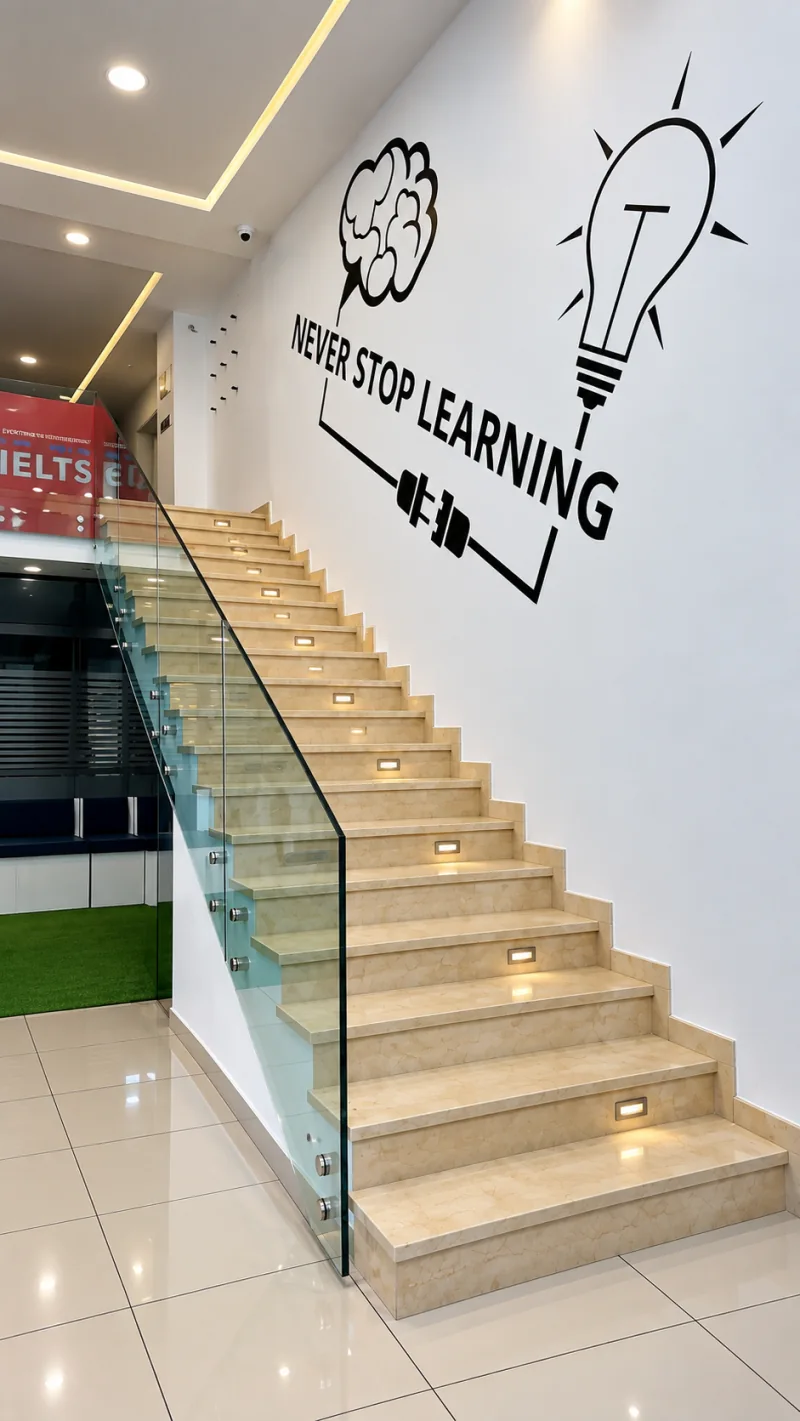 Escalier longeant un mur décoré de l’inscription « Never Stop Learning ».